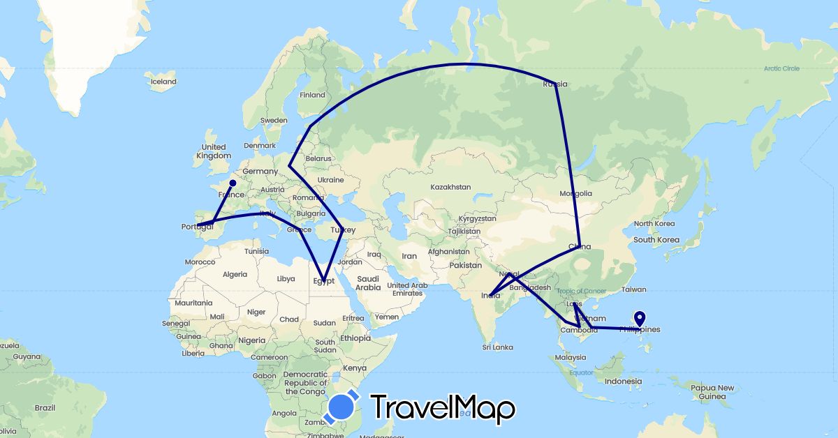 TravelMap itinerary: driving in China, Estonia, Egypt, Spain, France, Greece, India, Italy, Cambodia, Laos, Nepal, Philippines, Poland, Portugal, Russia, Thailand, Turkey, Vietnam (Africa, Asia, Europe)